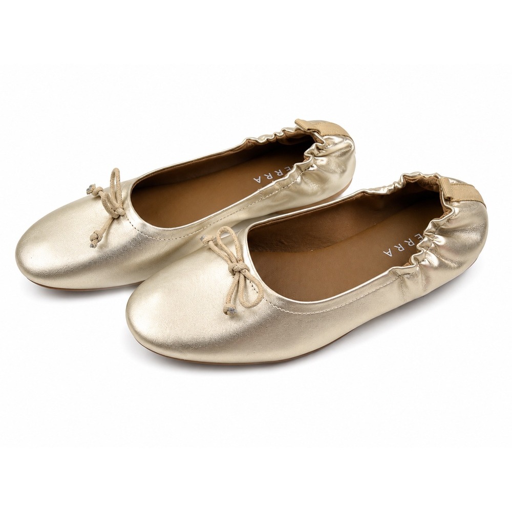 Serra Metallic Gold Ballet Round Toe Bow Scrunch Slip On Flats Women's Size 9